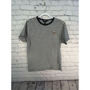 Forever 21 Men’s Medium Black/White Striped T-shirt Pug Embroidered Short Sleeve